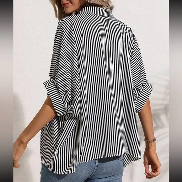 Classic Oversized Loose Fit Stripe Batwing Sleeve Button Down Shirt Top Blouse - Picture 9 of 14